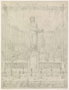 Tuinen met standbeelden en hangplanten op hekwerk by Willem van Konijnenburg