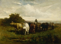 Untitled (man on horseback, woman on foot driving cattle) by Edward Mitchell Bannister