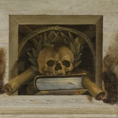 Vanitas Still Life with Scull with Laurel Wreath and two Burning Candles by Jacob van Campen