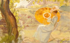 Young Girl in a Garden with Orange Umbrella by Anna Ancher