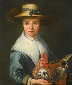 Young lady in a straw hat holding a cockerel and a basket of eggs by Aelbert Cuyp