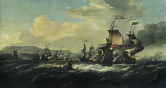 A battle between the Dutch and Barbary pirates near the coast by Hendrik van Minderhout