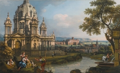 A Capriccio River Landscape with a Church to the Left by Bernardo Bellotto