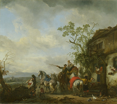 A hunting party halting at an inn by Philips Wouwerman