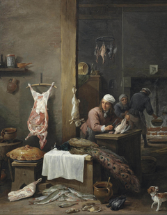 A kitchen interior with a cook preparing game at a table (Le Cuisinier Flamand) by David Teniers the Younger