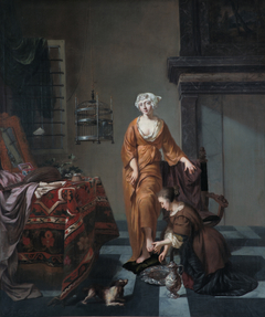 A Lady in an Interior with a Servant washing her Foot by Johannes Voorhout