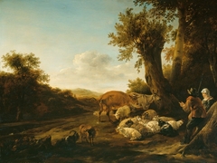 A Shepherd and Shepherdess with Flocks. by Nicolaes Pieterszoon Berchem