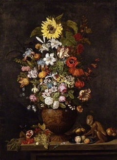 A vase of flowers with a monkey by Ambrosius Bosschaert II