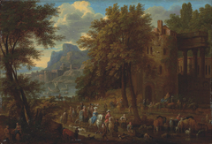 A wooded landscape with an elegant company passing through architectural ruins, with a castle and harbour beyond by Jan Baptist van der Meiren