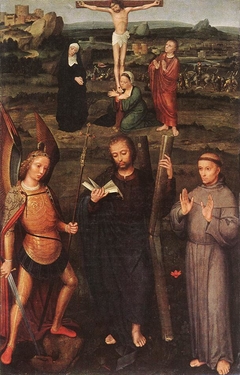 Archangel St Michael, St Andrew and St Francis of Assisi with the Calvary by Adriaen Isenbrandt