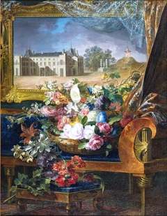 Basket of Flowers and View of a Royal Palace of Valencia by Miguel Parra Abril