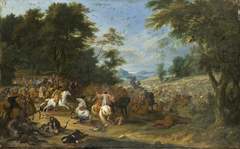 Bataille à l'entrée d'une forêt by Adam Frans van der Meulen