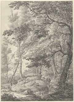 Boslandschap met een houten bruggetje en twee wandelaars by Vincent Jansz van der Vinne