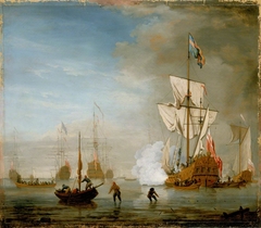 Calm: an English ketch rigged yacht, thought to be the Isabella, with other ships and vessels near the shore by Peter Monamy