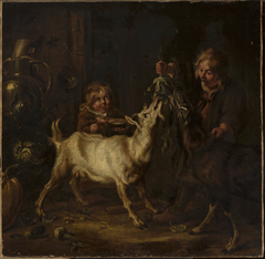 Children feeding goats by Johann Heinrich Roos