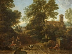 Classical Landscape with Figures on a Road by attributed to Gaspard Dughet