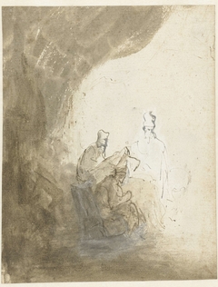 Drie schriftgeleerden onder een gordijn by Rembrandt