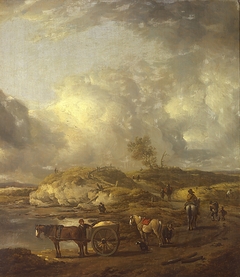 Dune landscape with horse and wagon and horsmen by Philips Wouwerman