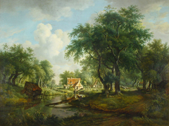 Een boomrijk landschap met een beek by Jan Hulswit