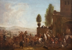 Exterior with people and horses by Anonymous