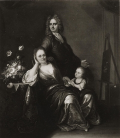 Family portrait with flower still-life in the making by Juriaen Pool