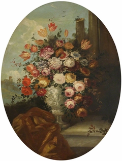 Flowers in a Sculptured Marble Urn with Classical Ruins in the background by Anonymous