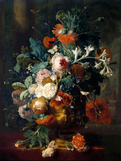 Flowers in a vase on a pedestal by Jan van Huysum