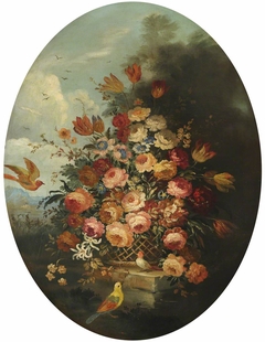 Flowers in a Wicker Basket with Three Small Birds by Anonymous