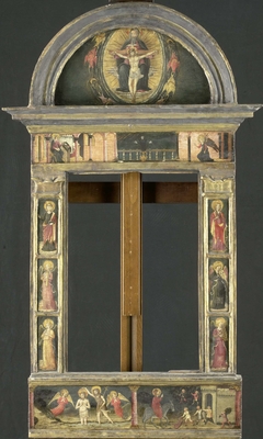 Frame depicting the Annunciation, Baptism of Christ, Entry into Jerusalem, Saints Cecilia and Catherine of Alexandria, Trinity (Gnadenstuhl, Mercy Seat), and four Music-making Angels by Unknown Artist