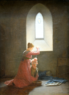 Geneviève de Brabant dans sa prison baptisant son fils by Jean-Baptiste Mallet