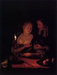 Gentleman Offering a Lady a Ring in a Candlelit Bedroom by Godfried Schalcken