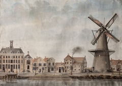 Gezicht op de Achterhaven te Delfshaven met molen De Waakzaamheid, met mechaniek by Anonymous