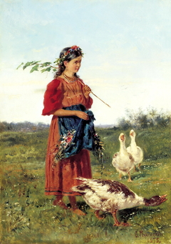 Girl with goose in the field by Vladimir Makovsky