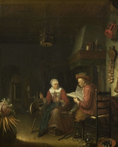 Interior with a man reading and a woman spinning yarn by Domenicus van Tol