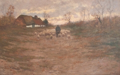 Kempisch landschap met schaapskudde en herder by Alfonse De Clercq