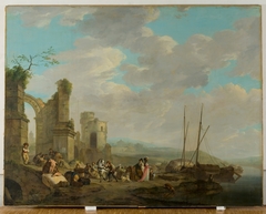 Kustlandschap met figuren bij een ruïne by Jacob van Strij