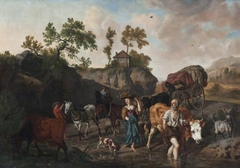 Landscape with an Old Herdsman and Young Market Girl fording a Stream followed by Two Horse-and-Carts with Grooms by Dirck van der Bergen