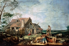 Landscape with farmstead, peasants and the exodus of Tobias with the angel by Abraham Bloemaert