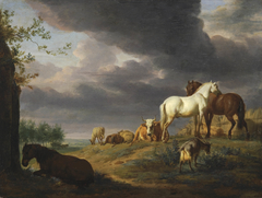 Landscape with horses and other livestock by Adriaen van de Velde