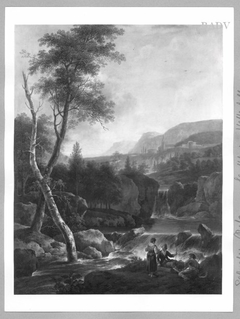 Landschaft mit Wasserfall und drei Figuren by Salvator Rosa