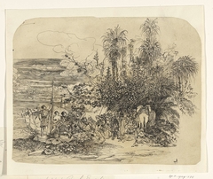 Landschap met een groep rustende oosterlingen met hun paarden en kamelen by Rodolphe Bresdin