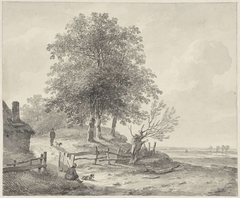 Landschap met een huisje op een heuvel by Andreas Schelfhout