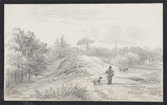 Landschap met jager en honden, in heuvelachtig terrein by Jan van Ravenswaay