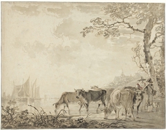 Landschap met koeien bij een rivier met schepen by Jacob van Strij