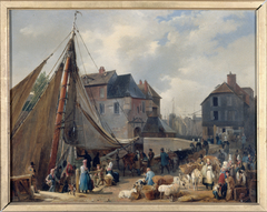 Le port d'Honfleur, l'embarquement des bestiaux by Auguste-Xavier Leprince