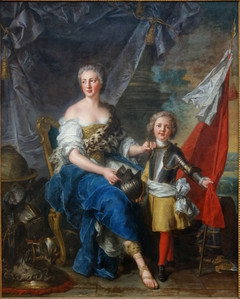 Mademoiselle de Lambesc, de la maison de Lorraine, sous la figure de Minerve, armant et destinant monsieur le comte de Brionne, son frère, au métier de la guerre by Jean-Marc Nattier