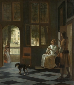 Man Handing a Letter to a Woman in the Entrance Hall of a House by Pieter de Hooch