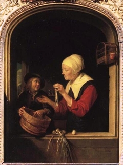 Market Woman with a Boy and Herring in a Window by Gerrit Dou