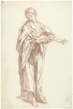 Modelstudie van een staand meisje met uitgestoken arm by Unknown Artist