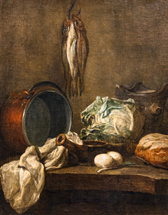 Nature morte avec chaudron, poêlon, fourneau, torchon, chou, deux oeufs, poireau, pain et trois harengs by Jean-Baptiste-Siméon Chardin